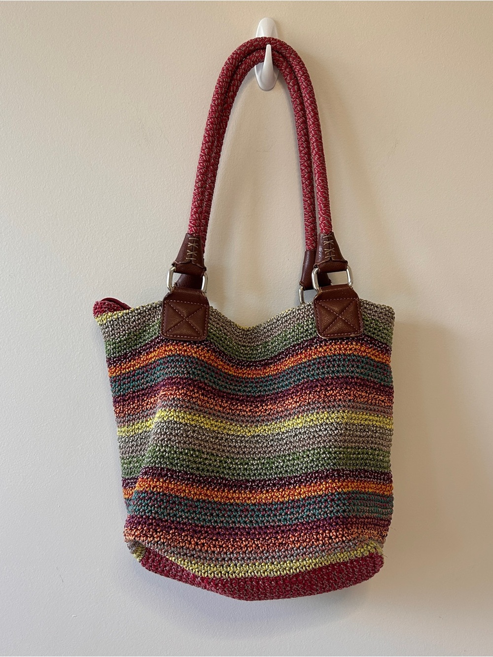 The Sak Multicolor Striped Crochet Tote Bag with Pink Handles Beachy Boho Hippy